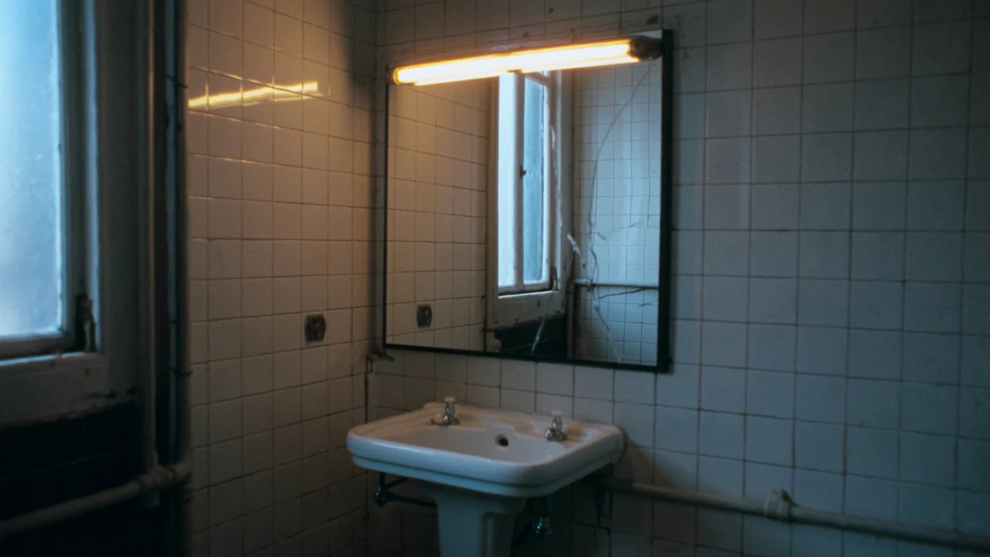 Salle de bains carrelée, fenêtre bleutée à gauche et lumière chaude au-dessus d’un miroir.