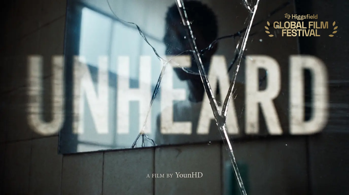 Affiche UNHEARD : verre fissuré net au premier plan, titre et reflet d’un homme flous derrière.